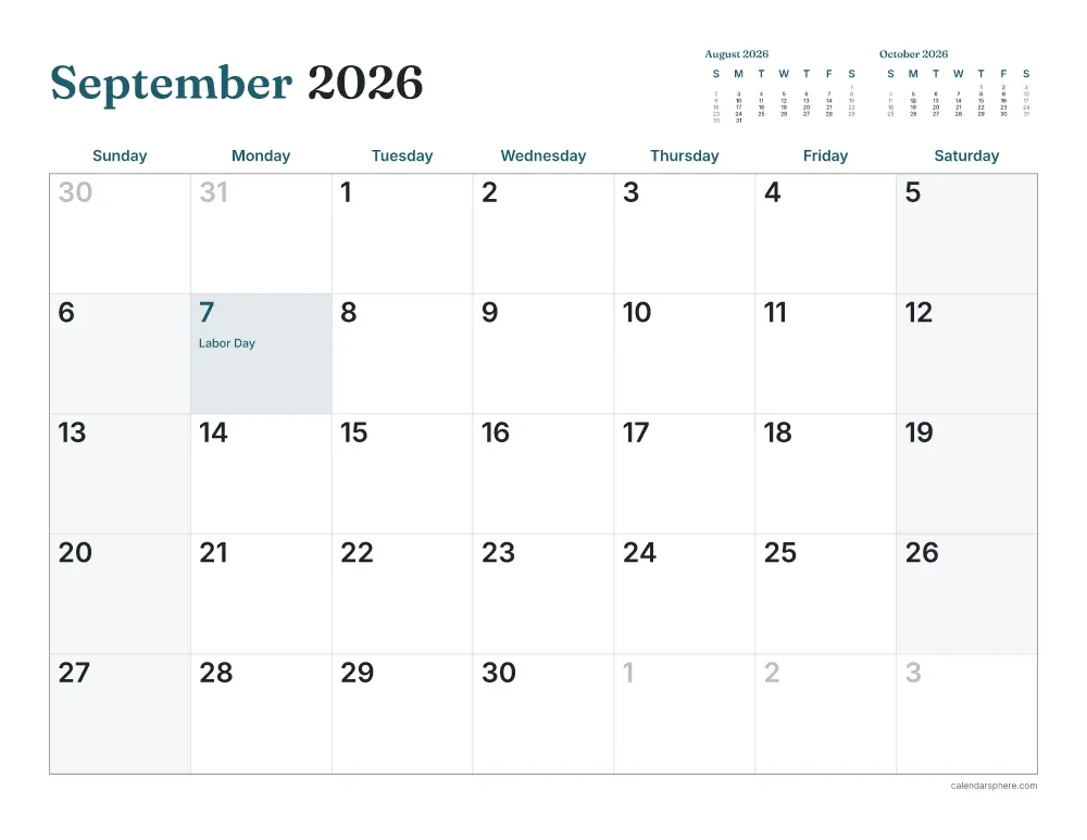 Printable September 2026 calendar in landscape, starting on Tuesday, with US holidays written in