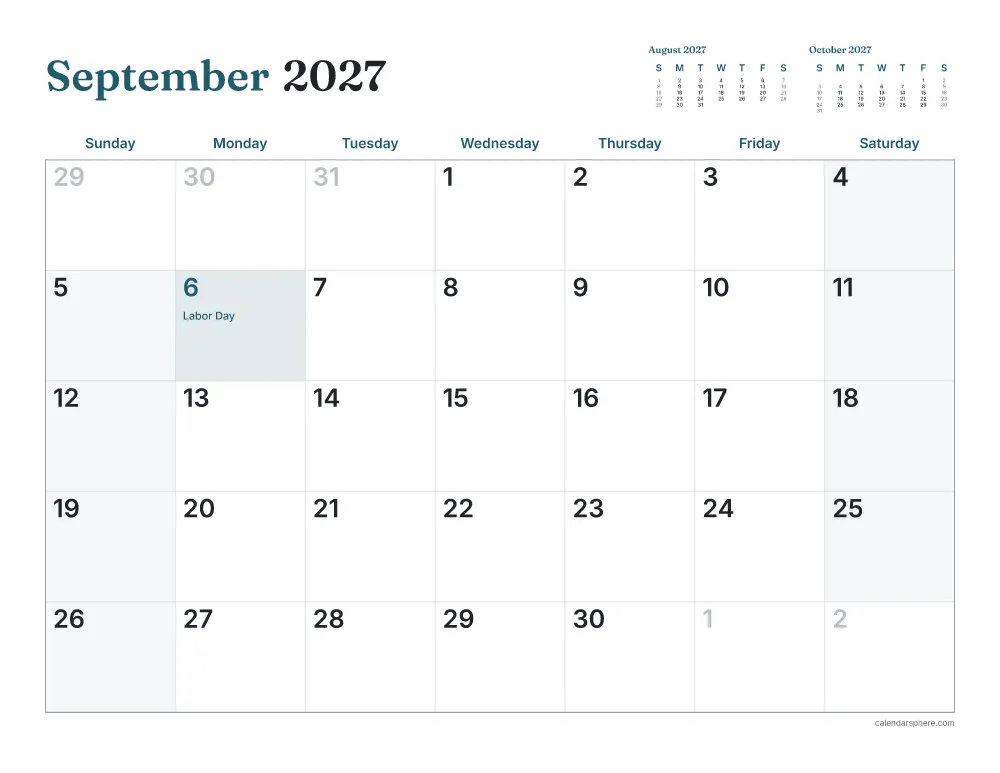 Printable September 2027 calendar in landscape, starting on Wednesday, with US holidays written in