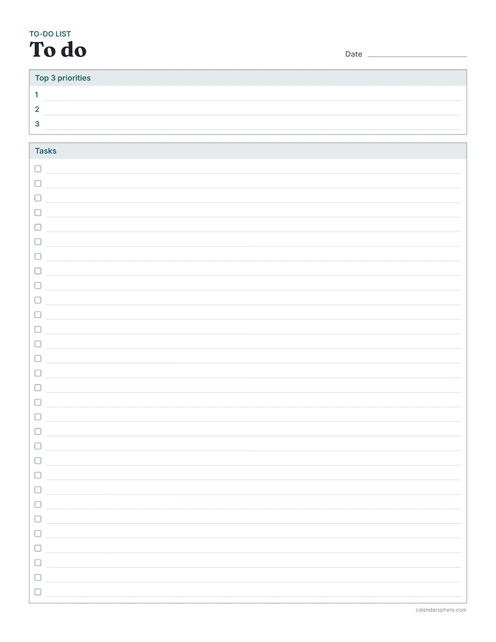Printable to-do list with a top 3 priorities box and a full page of tasks with tick boxes