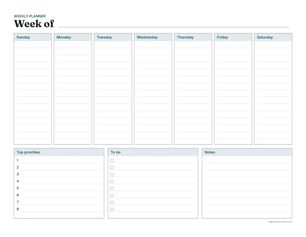 Printable weekly planner in landscape with seven day columns, top priorities, a to-do list and notes