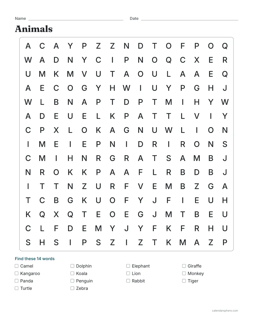 Animals puzzle from the word search maker: a 15 by 15 letter grid and 14 words to find
